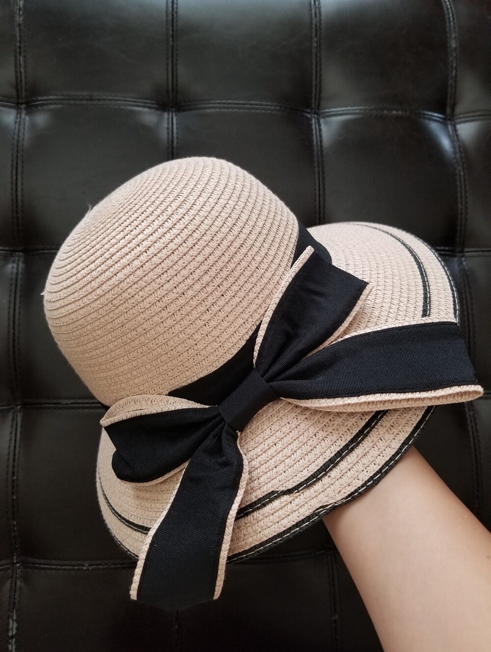 ❗Beige Black Woven Straw Sun Hat Bow Detail❗